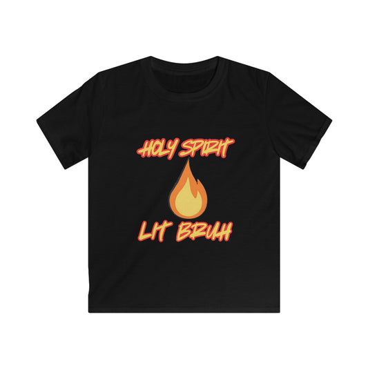 Kids Tee — "Holy Spirit Lit Bruh" Flame Graphic Christian Youth Shirt